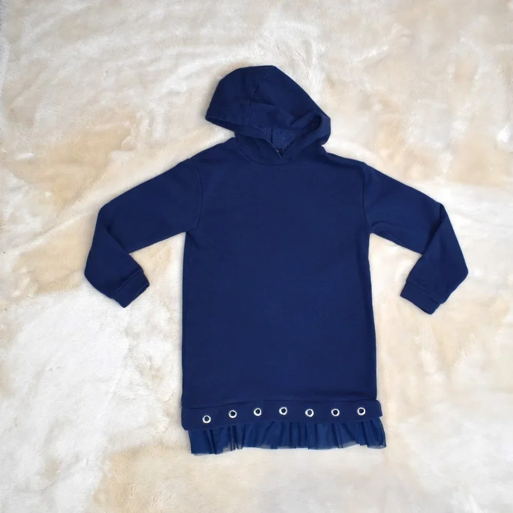 Girls Hooded Sweatshirt Dress Size Small 7/8 Navy Blue Long Sleeve
